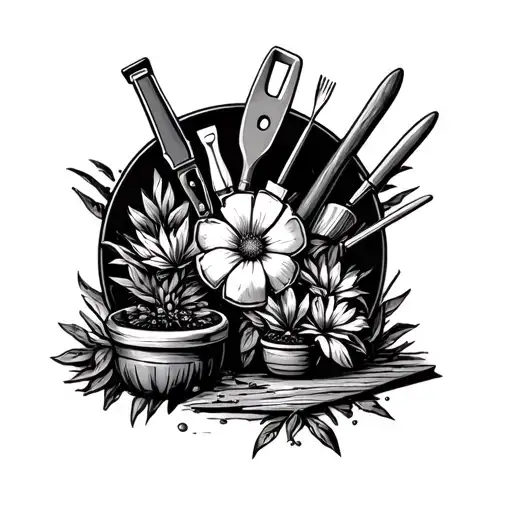 dc martins, gardening tools arranged tattoo design idea