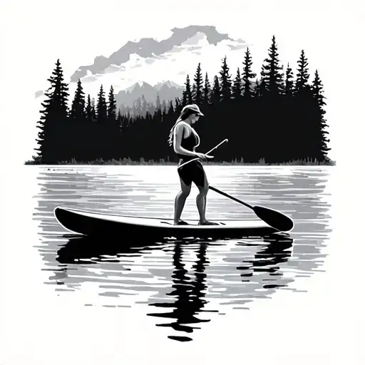 paddleboarding in a forrest lake tattoo design idea