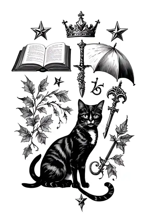 9 stars, 3 feathers, an open book, ivy leaf, a crown, a dagger, a cat, a umbrella, a winged key tattoo design idea