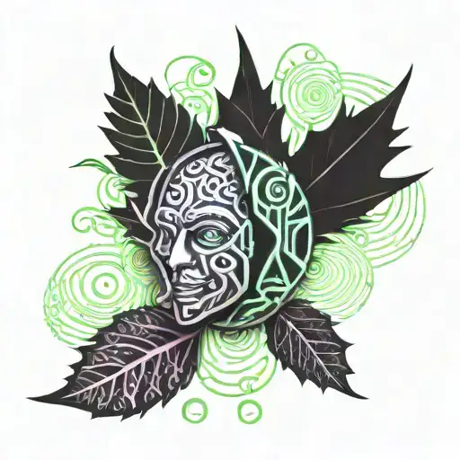 leaf, acorn, happy face tattoo design idea