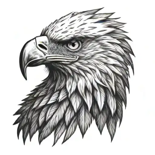 A bold, detailed black-and-white eagle head illustration with sharp feathers and an intense gaze. design for chest tattoo design idea