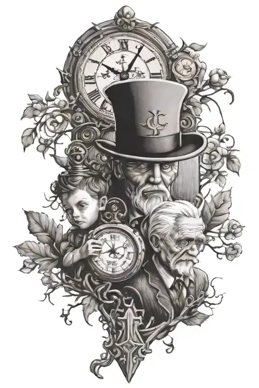 grandfather with kid and clock growing roots with cross on a chain tattoo design idea