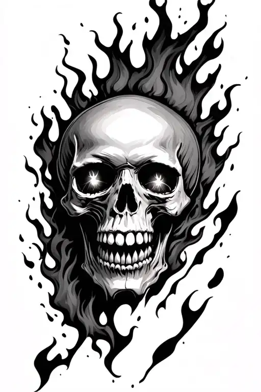 skull ripping off skin with fire in eyes and mouth tattoo design idea