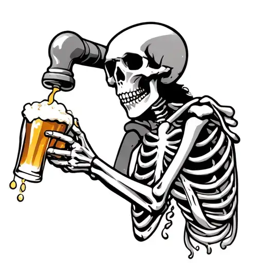 a skeleton pouring a beer out of a beer tap tattoo design idea