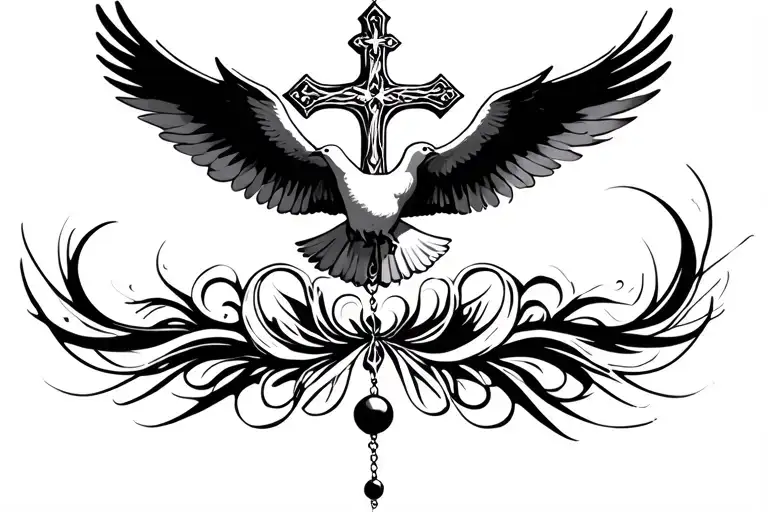 filigree wave design featuring doves flying cross with rosary beads surrounded light  tattoo design idea