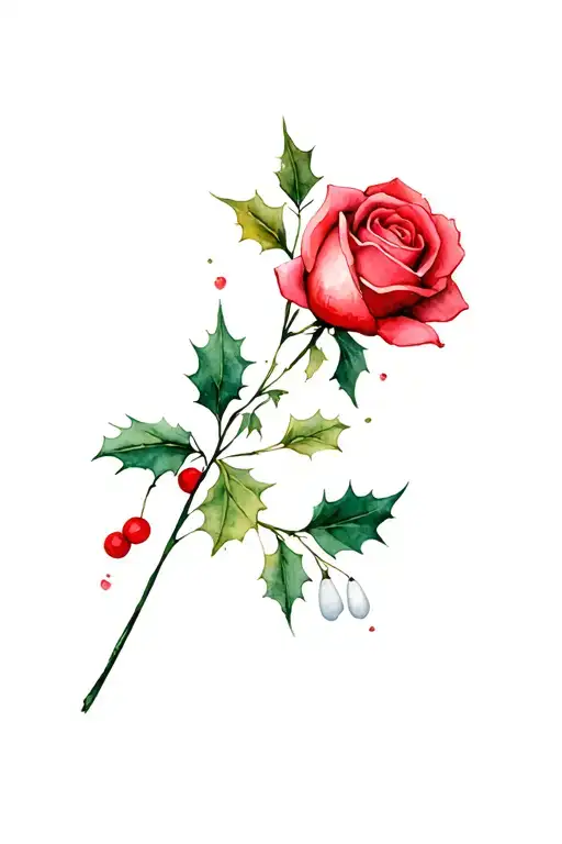 a reed rose, holly leaf with berries and a snow drop flower bouquet with a sm tattoo design idea