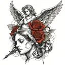 sketch tattoo use women angel statue with not too skinny make her little bit Bright and she must be kind look and pretty tattoo design idea