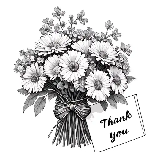 Bouquet of marigolds and forget me nots with twine tied around and a thank you card attached traditional  tattoo design idea