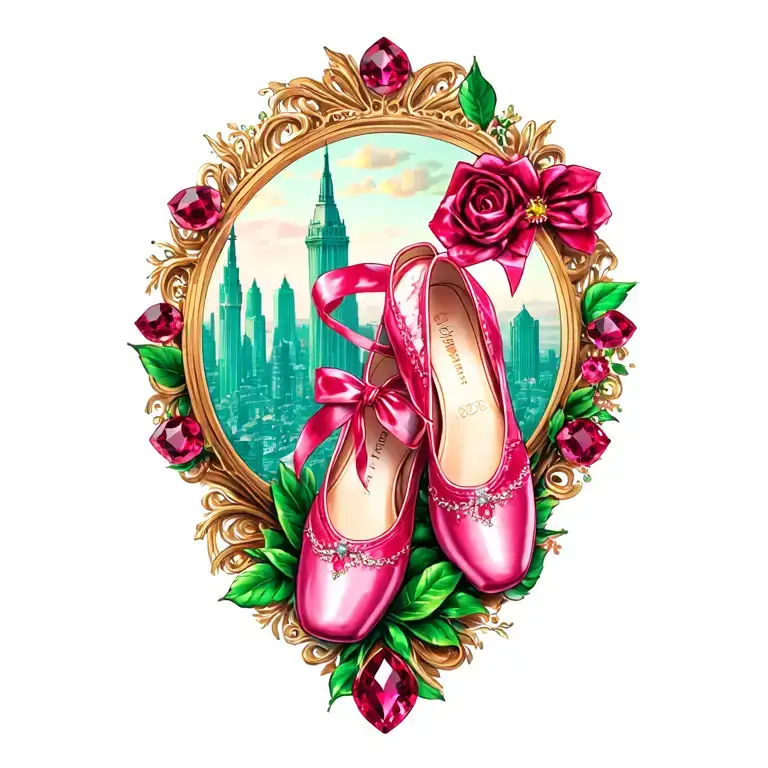 ruby ballet slippers with emerald city in the background tattoo design idea