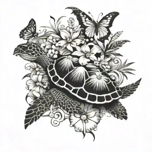 Hawaiian scene with flowers, a turtle, a fish, butterflies flying tattoo design idea