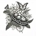 Hawaiian scene with flowers, a turtle, a fish, butterflies flying tattoo design idea