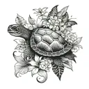 Hawaiian scene with flowers, a turtle, a fish, butterflies flying tattoo design idea