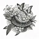 Hawaiian scene with flowers, a turtle, a fish, butterflies flying tattoo design idea