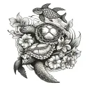 Hawaiian scene with flowers, a turtle, a fish, butterflies flying tattoo design idea