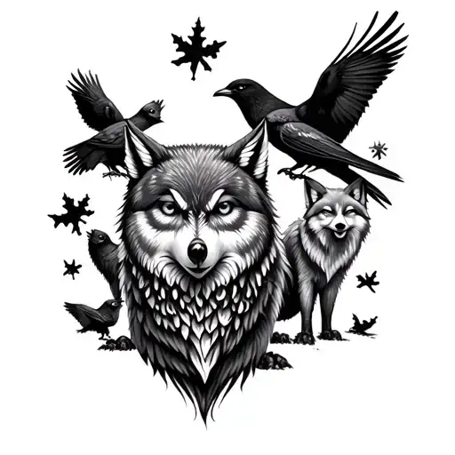 sleeve Bear Wolf owl foxes in the forest with crows tattoo design idea