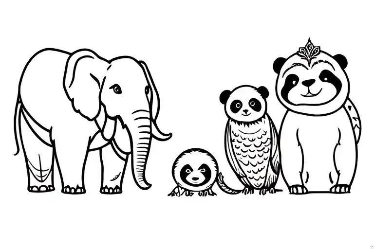 a majestic elephant, a wise owl, a relaxed sloth, and a lovable panda tattoo design idea