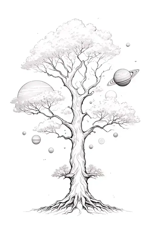 The tree is below with the roots, and from the tree up the transition to the space with planets. Profile view. The tree is separate tattoo design idea