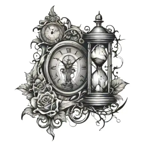 clock with cracks and hourglass tattoo design idea