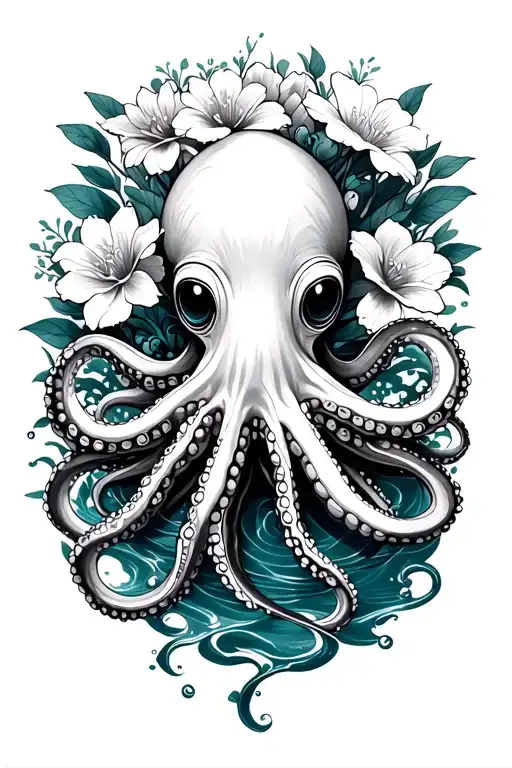 japanees flowers and water in backgrouns with an octopus in front tattoo design idea