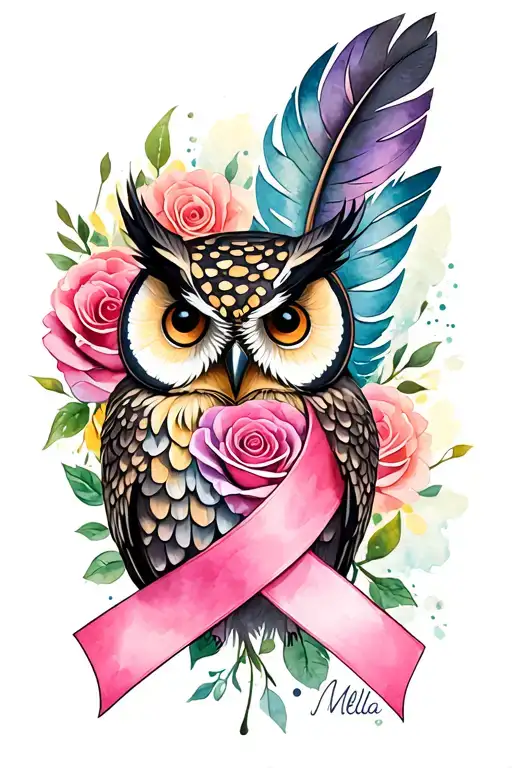 "Mella" multicolor rose feather owl breast cancer ribbon wrapped tattoo design idea