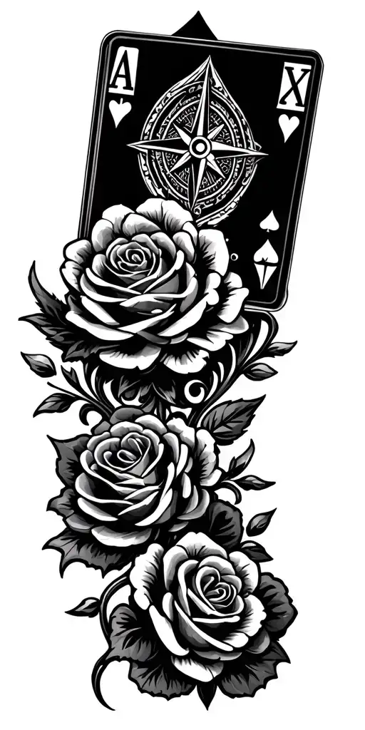 filigree design with playing cards, compass and roses tattoo design idea