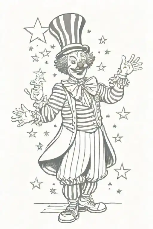 old times circus clown juggler with striped clothes and a simple cute mask juggling three stars in a traditional simple  tattoo design idea