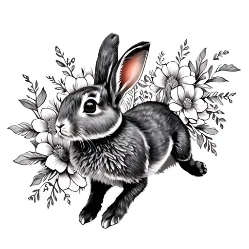 running rabbit with flowing flowers tattoo design idea