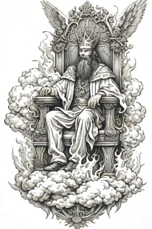 king of kings sitting on throne of cloud and fire surrounded by flying angels tattoo design idea