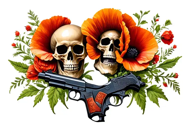 poppy flowers, skulls, gun and scotland tattoo design idea