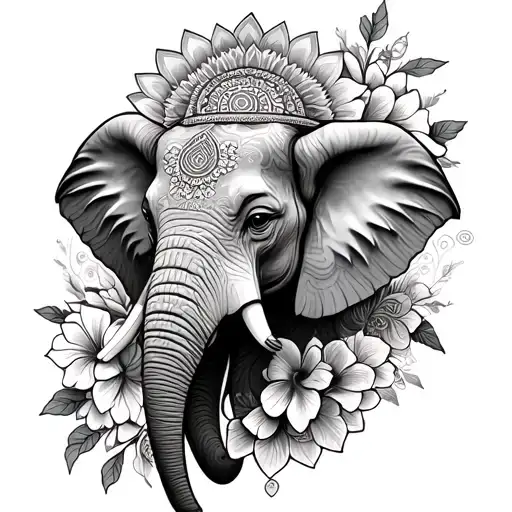 elephant head with mándala background and flowers around tattoo design idea