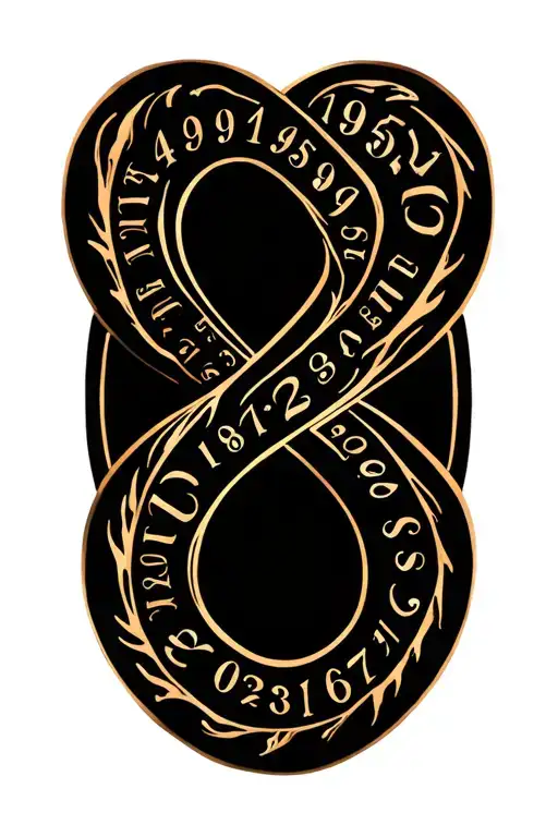 Tattoo design of an elegant infinity symbol made from a flowing sequence of numbers: 1949, 1954, 1979, 1981, 1982, 1985, tattoo design idea