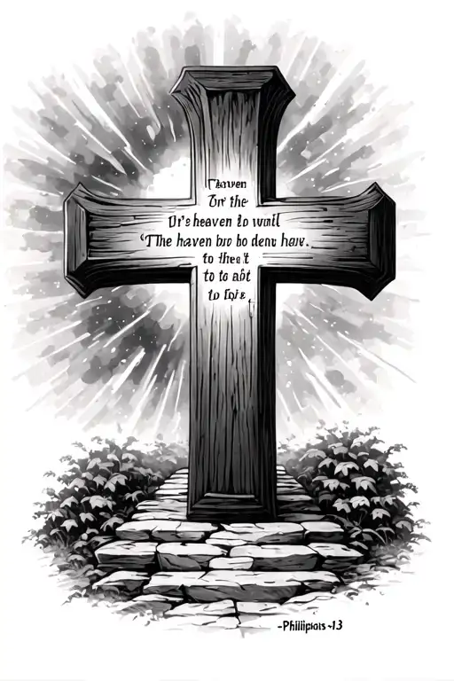 Philippians 4:13 Bible verse written in the shape of a cross with the gate to heaven behind it  tattoo design idea