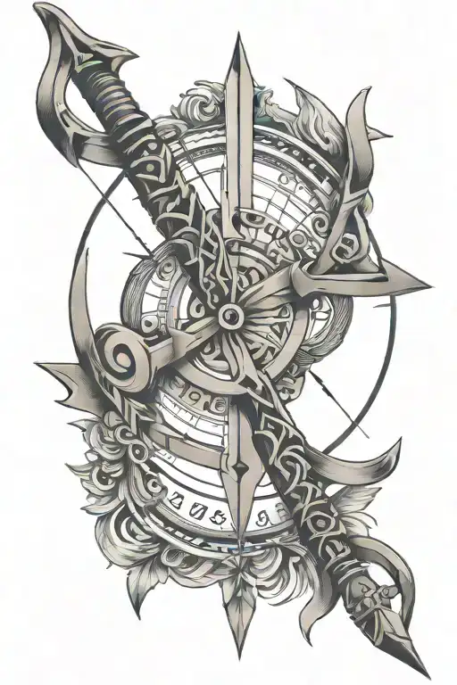 bow arrow with  numbers 777 through center tattoo design idea