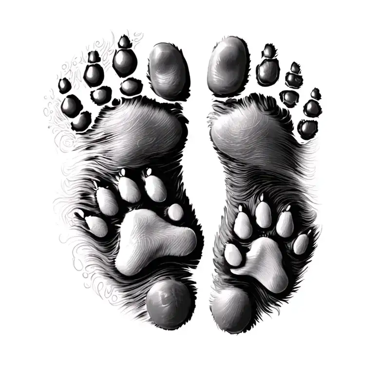a set of human foot prints with one set of dog paw prints on either side. like (dog print) (human print) (dog print) tattoo design idea