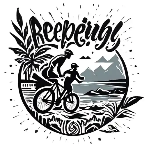 side of lower leg tattoo with tribal influence and themes of running, biking, swimming, climbing, tattoo design idea