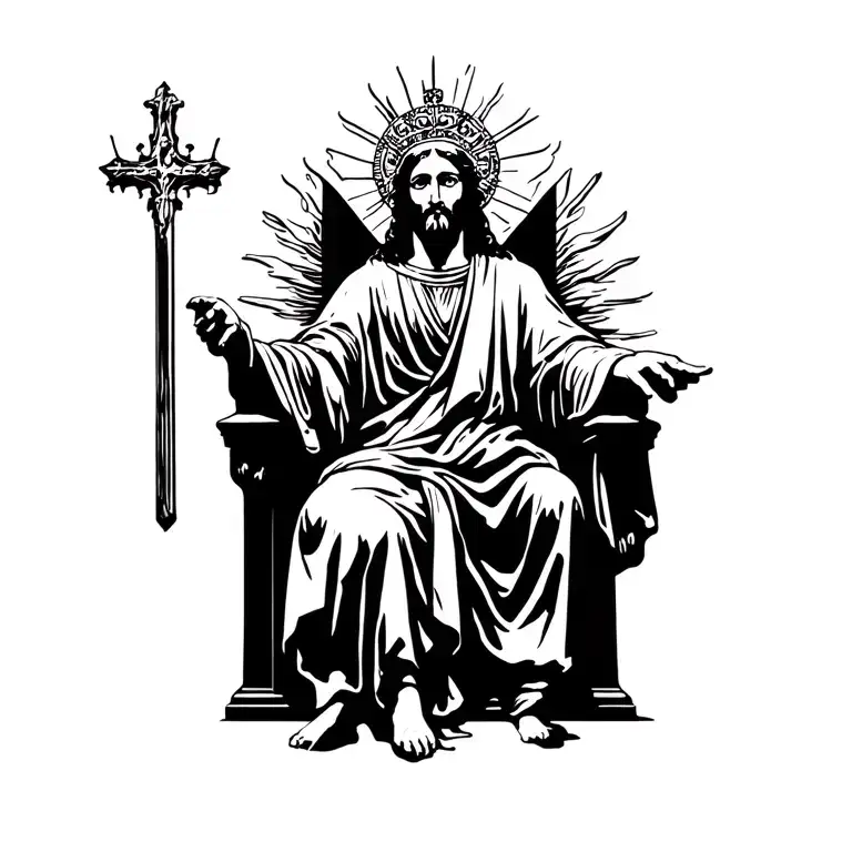 "Man is Nothing" "Man is Nothing" Christ sitting on his throne in heaven and dressed like a king. he is shining brighter than the sun. with his eyes of fi tattoo design idea