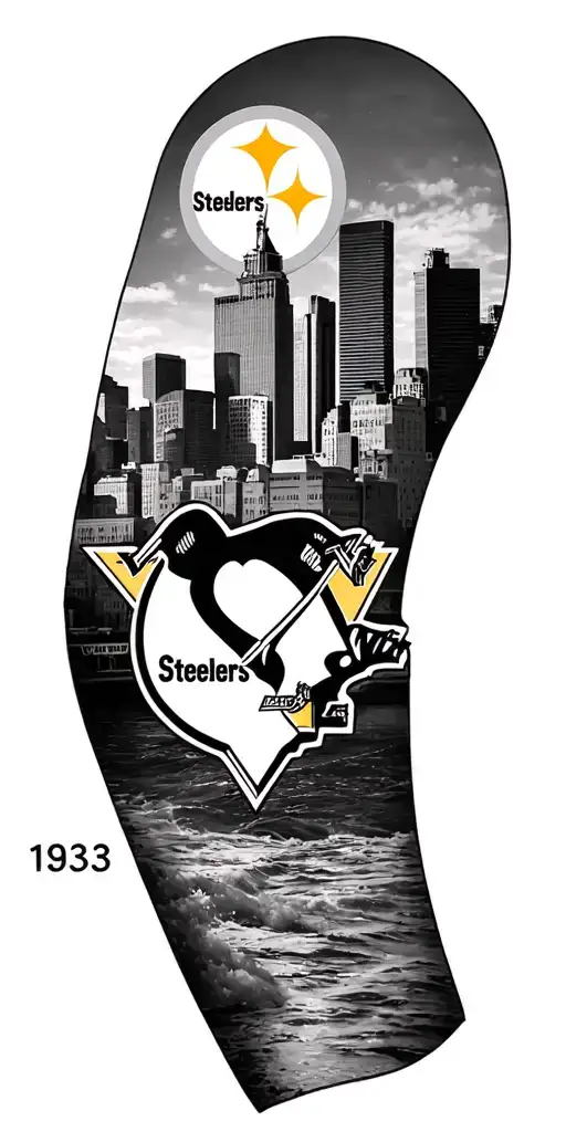 Pittsburgh skyline, Steelers logo, construction worker, iron worker, penguins logo, incline, 1933 tattoo design idea