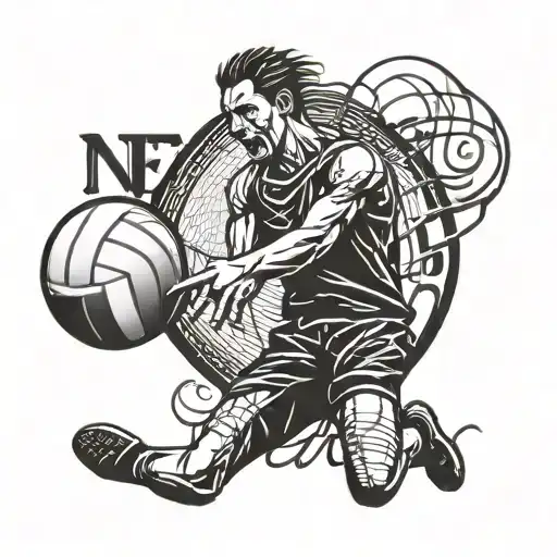 A volleyball player spiking a ball with the word 'nephew' incorporated into the design tattoo design idea