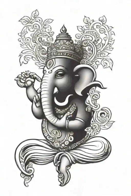 Ganesh with a bhagvad gita quote as crown adorned tattoo design idea