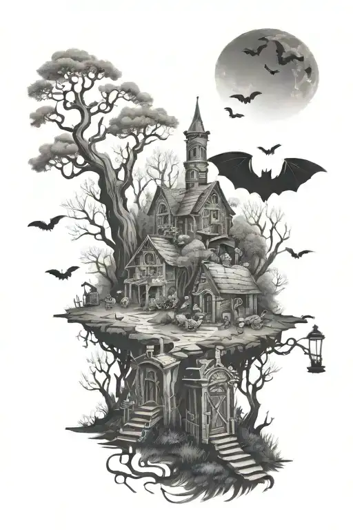 haunted forest scene with grave yards, evil ferries, old gag, tree spirits, bats  tattoo design idea
