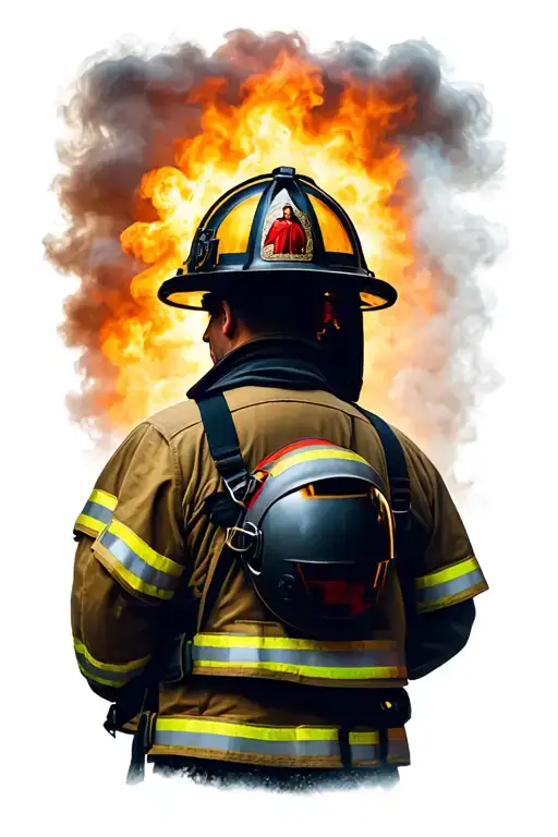 A firefighter from behind, holding his helmet, with the face of Saint Barbara visible in the smoke or light behind him tattoo design idea