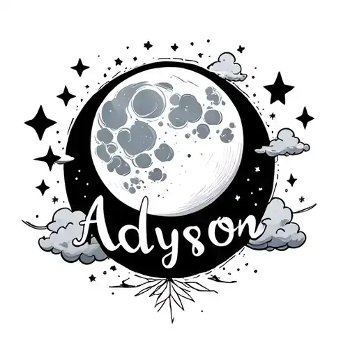 the name addyson with a full moon and cloud and stars tattoo design idea