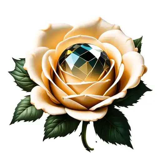 top down view of a large round gemstone sitting in the center of a rosebud with cream surrounding the gemstone tattoo design idea
