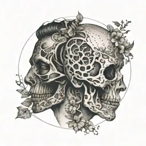 A single face divided vertically into two equal halves, representing the cycle of life and death. The left side (Life -  tattoo design idea