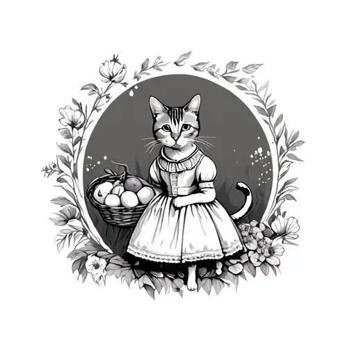 Cat wearing an old fashioned dress with a basket of fruit surrounded by flowers and nature tattoo design idea