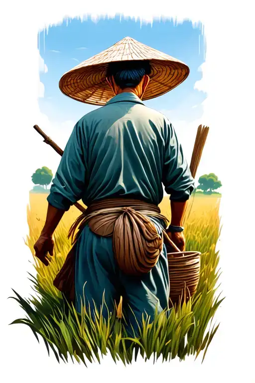 old Chinese farmer working in field facing away tattoo design idea