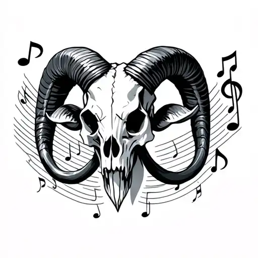 aries ram skull surrounded music notes demons tattoo design idea