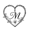 two sided locket heart shaped lock with the initial M in cursive incorporated and the second side with a lilie flower tattoo design idea