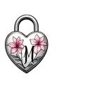two sided locket heart shaped lock with the initial M in cursive incorporated and the second side with a lilie flower tattoo design idea