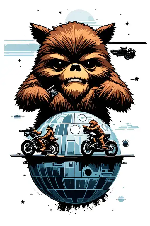 starwars Ewok planet with Ewoks and bikes racing with death Star in sky tattoo design idea